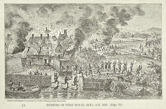 Battle, Indians, Native, Natives, Burning of Port Royal, N.S., 1613, Burning, Port Royal, Nova Scotia, Battles, Soldiers, Troops, Bow and Arrow, Bows and Arrows, Weapons, Guns, War, Army, Formation, Tuttle, Charles Tuttle, History of the Dominion, Popular