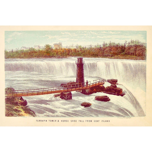 Original coloured antique print of Terrapin Tower of Horseshoe Falls from Goat Island from a Photograph by Thomas Nelson & Sons, New York, Edinburgh, Toronto, 185 for sale by Victoria Cooper Antique Prints