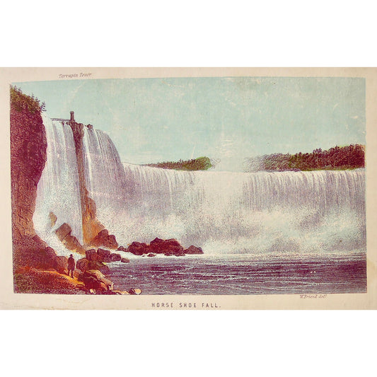 Antique Original Coloured Print of Horse Shoe Fall, Niagara with Terrapin Tower from Thomas Nelson & Sons 1858 for Sale by Victoria Cooper Antique Prints