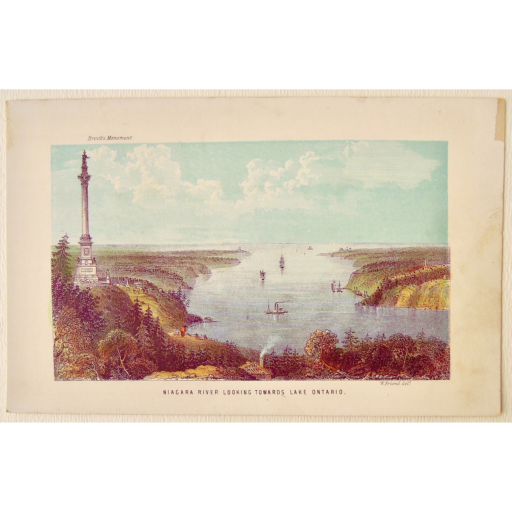 Original coloured antique print of Niagara River looking towards Lake Ontario including ships and Brock’s Monument by W. Friends by Thomas Nelson & Sons 1858 for sale by Victoria Cooper Antique Prints