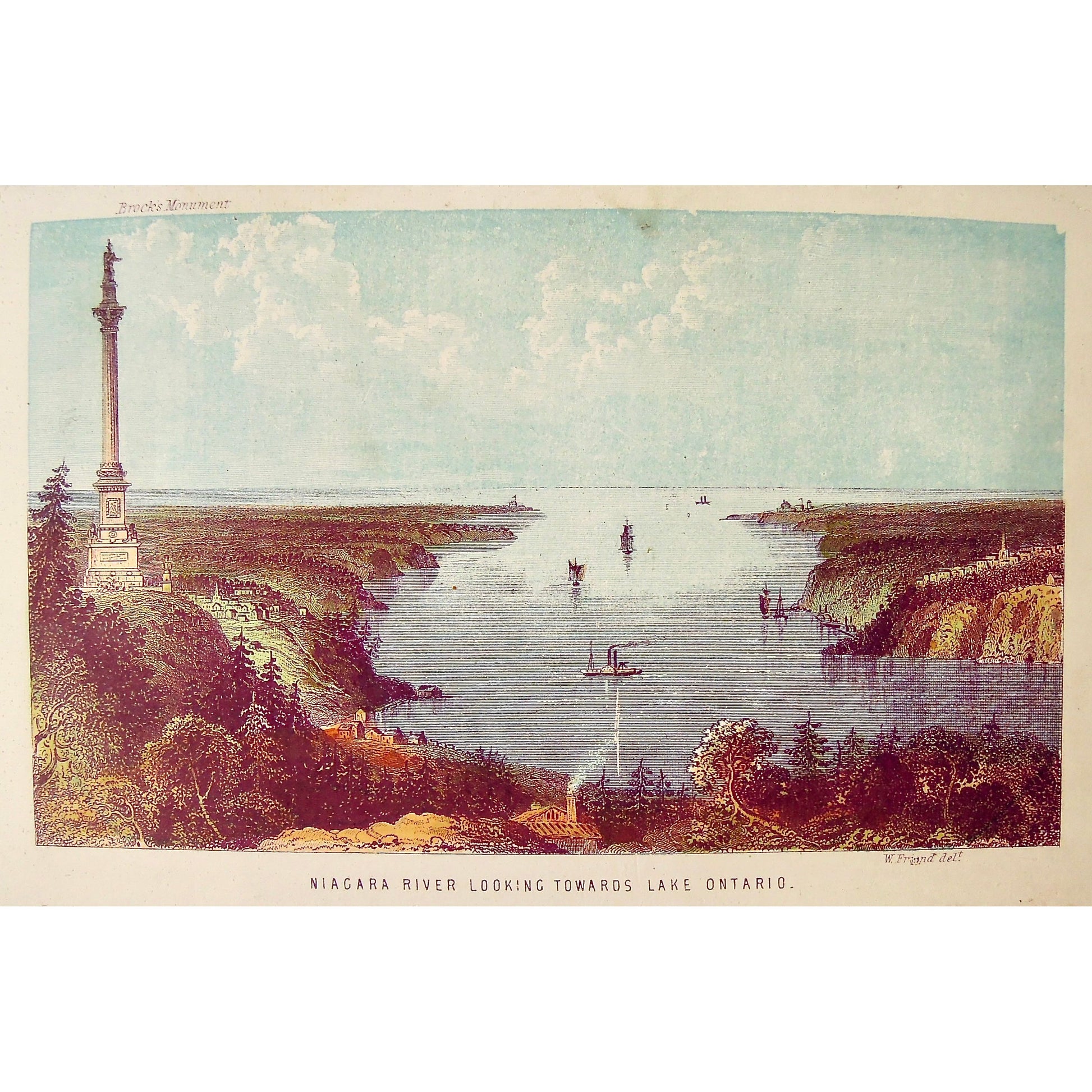 Original coloured antique print of Niagara River looking towards Lake Ontario including ships and Brock’s Monument by W. Friends by Thomas Nelson & Sons 1858 for sale by Victoria Cooper Antique Prints