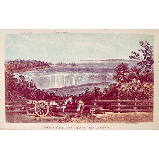 Original antique print from a photograph of Three Sisters and Goat Island including Niagara Falls from Canada Side with a man working the land with his horse and buggy by Thomas Nelson & Sons 1858 for sale by Victoria Cooper Antique Prints