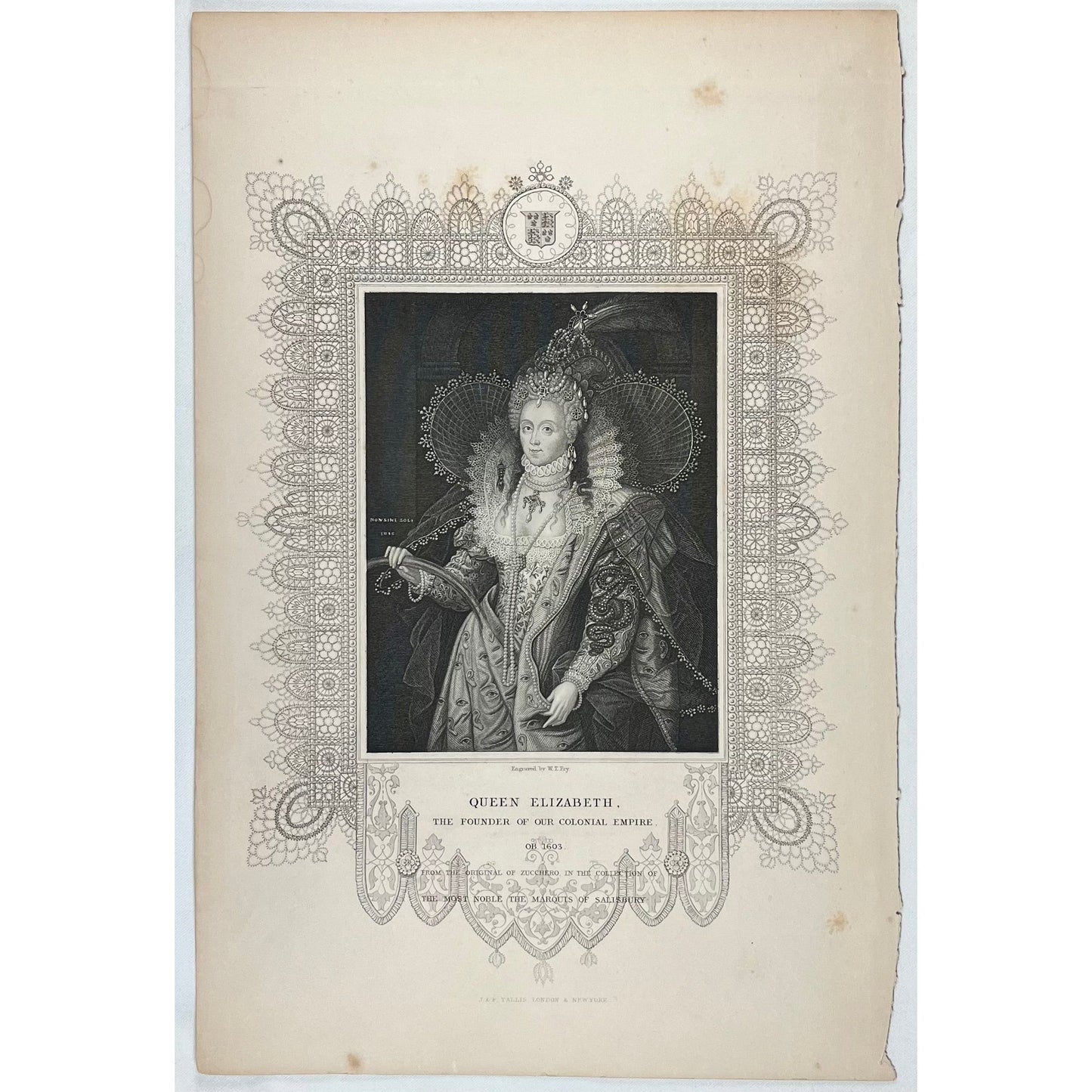 Queen Elizabeth The Found of our Colonial Empire OB 1603, From the original of Zucchero in the Collection of the Most Noble the Marquis of Salisbury for sale by Victoria Cooper Antique Prints
