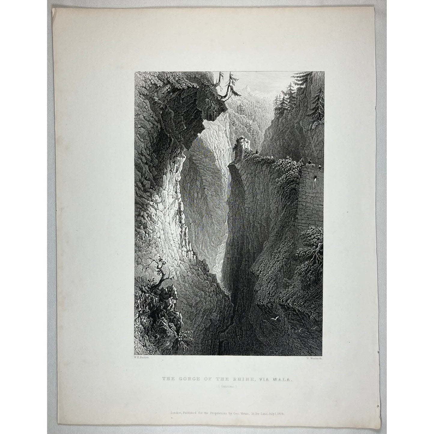The Gorge of the Rhine, Via Mala Grisons, original antique print from Switzerland a illustrated by William Beattie and illustrated by Henry Bartlett from 1836 for sale by Victoria Cooper Antique Prints