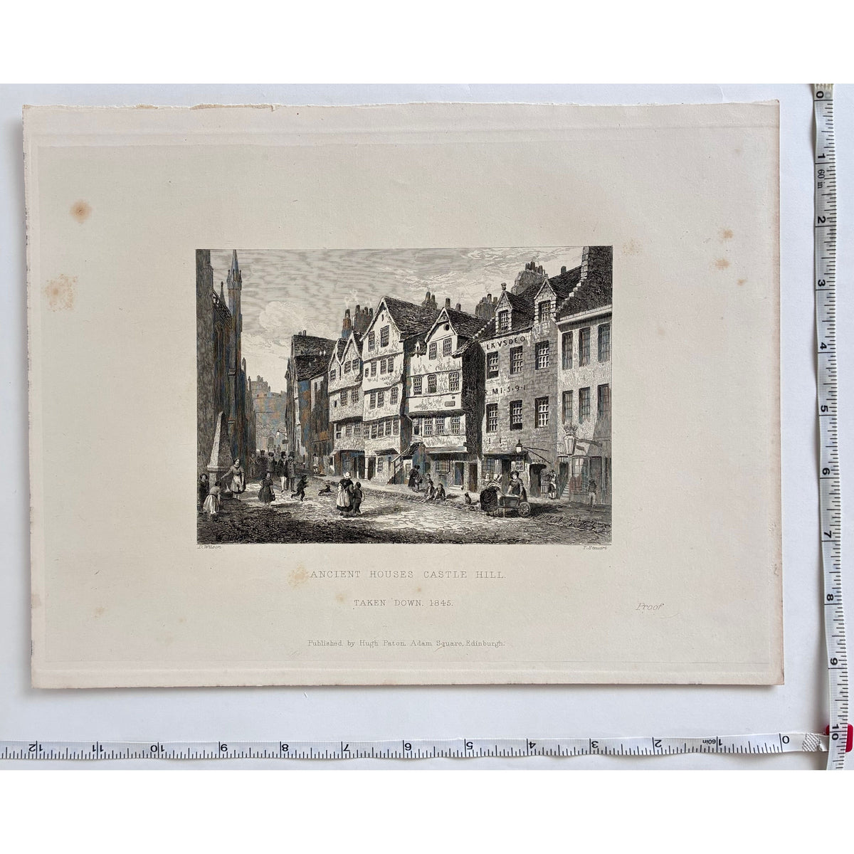 Condition/paper detail: Aged paper antique steel engraving Ancient Houses Castle Hill Edinburgh 1848 original proof impression minor foxing edge wear with measurements