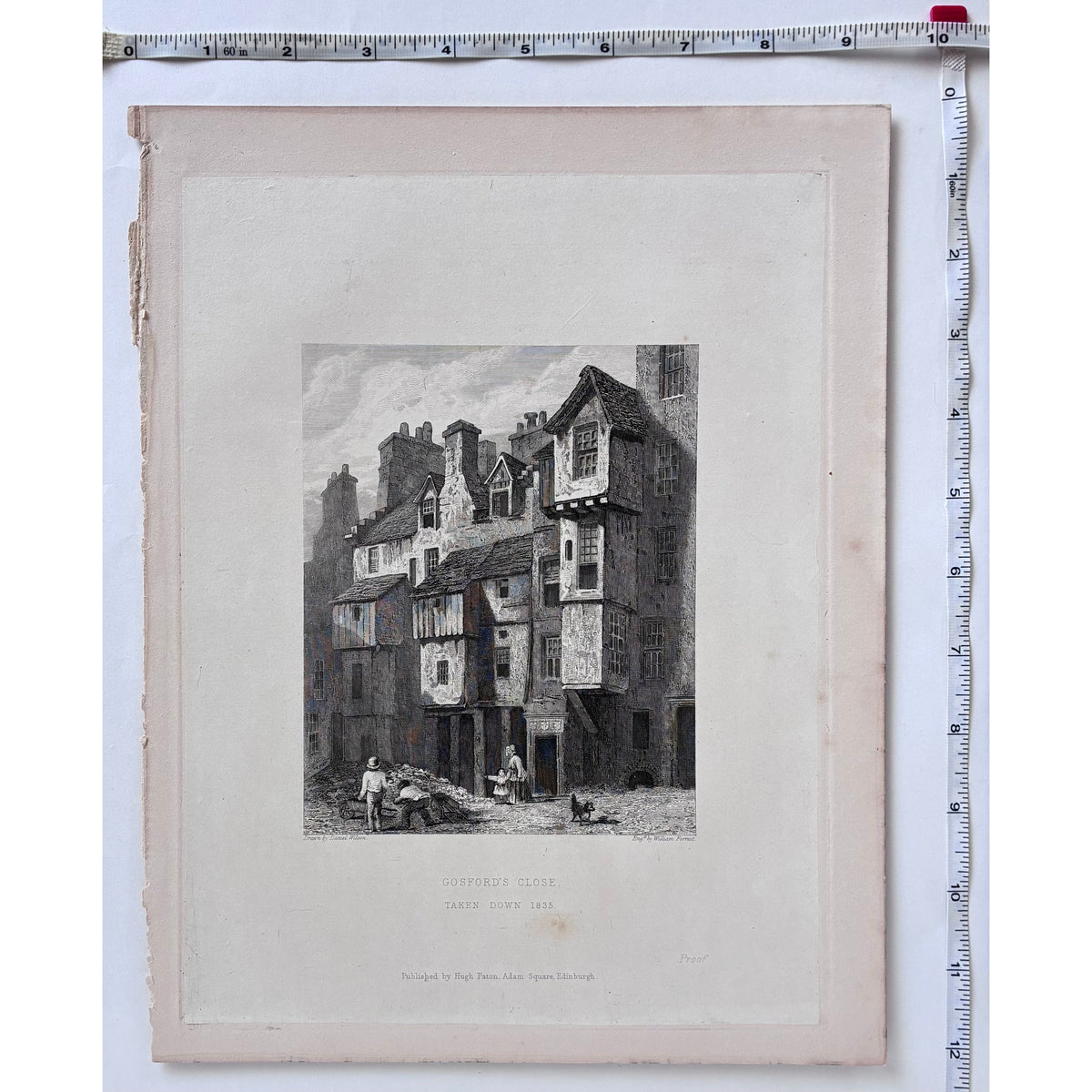 Measurements image (rulers on two sides): Antique steel engraving Gosford’s Close Edinburgh 1848 with rulers showing paper dimensions 12 x 9 five eighths inches