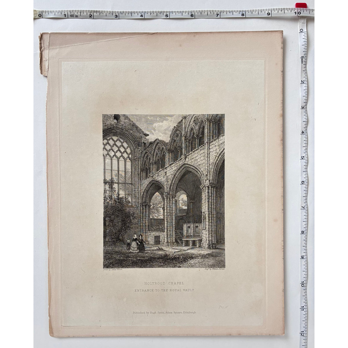 Measurements image (rulers on two sides): Antique steel engraving Holyrood Chapel Edinburgh 1848 with rulers showing paper dimensions 12 x 9 three eighths inches