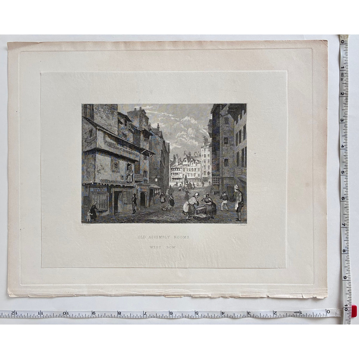 Measurements image (rulers on two sides): Antique steel engraving Old Assembly Rooms West Bow Edinburgh 1848 with rulers showing paper dimensions 9 seven eighths x 12 quarter inches