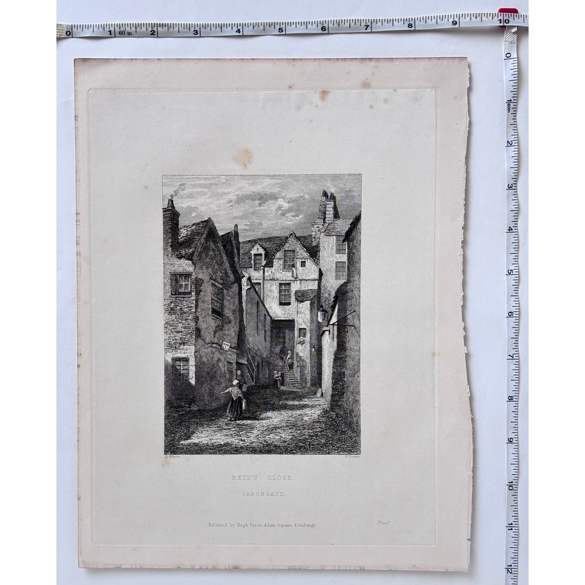 Condition/paper detail: Aged paper antique steel engraving Reid’s Close Canongate Edinburgh 1848 original proof impression minor foxing edge wear with measurements