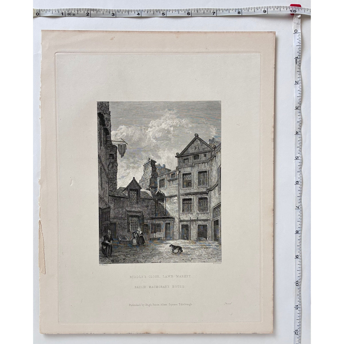 Measurements image (rulers on two sides): Antique steel engraving Riddle’s Close Lawnmarket Edinburgh 1848 with rulers showing paper dimensions 12 x 9 quarter inches