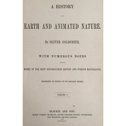 Title Page, Oliver Goldsmith, Goldsmith, Natural History, Animals, Wildlife, A History of the Earth and Animated Nature, Nature, Blackie & Son, Blackie and Son, 1852, Antique, Prints, Original, Art, Wall decor, Interior Design, Wildlife art, Decor, Design, Antique Prints, Engraving, 