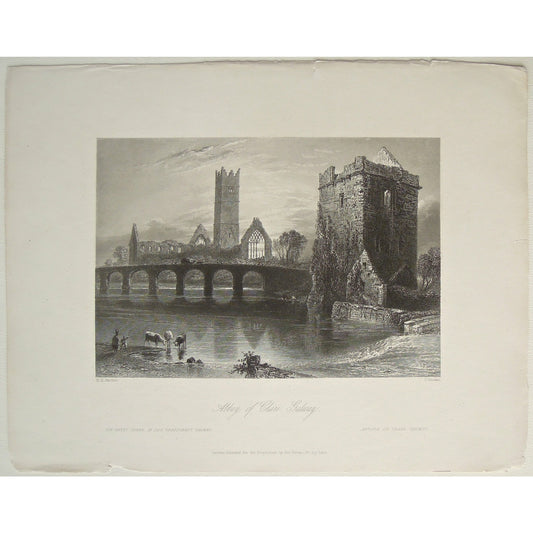 Abbey, Abtei, Abbaye, Clare, Galway, Ireland, Irish, bridge, cattle, cows, ruins, by the water, Victoria Cooper Antique Prints, Old prints, old Irish prints, Irish prints, home decor, for sale, artwork