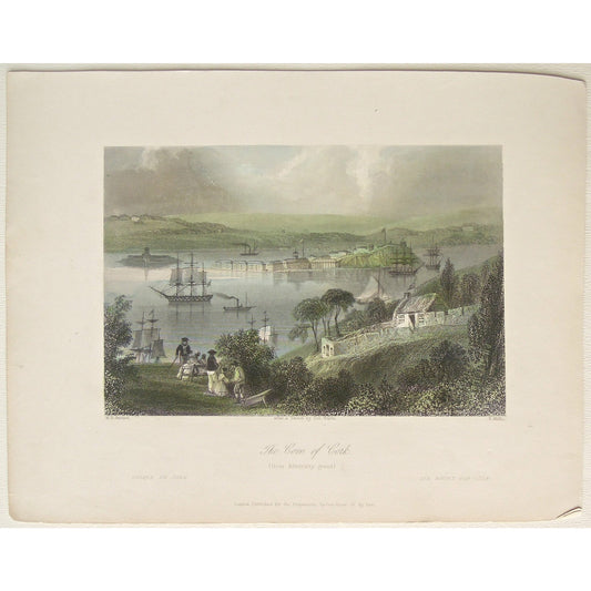 Ireland, Irish, View, Scenery, Town, Boats, Ships, River, Crique, Cove, Cork, bucht, by the cove, by the river, Irish prints, Irish landscapes, tall ships, home decor, Victoria Cooper Antique Prints, for sale, artwork, prints, green, blue, engravings
