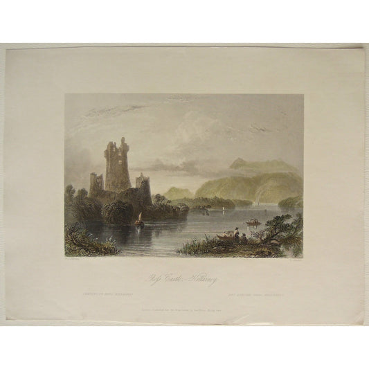 Ross, Castle, Killarney, Chateau, Schloss, Ruins, River, by the water, view, scenery, Ireland, Irish, Views, Irish prints, home decor, wall art, artwork, for sale, old prints, Irish prints, Irish art, Victoria Cooper Antique Prints, for sale, original, engravings, 