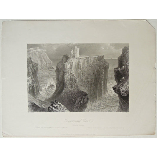 Dunseverick, Castle, Chateau, Schloss, Ireland, Irish, view, cliffs, cliff top, Cliff tops, rough waters, mountains, mountain, goats, views, ruins, by the water, original print, antique print, old Ireland, old Irish prints, for sale, Victoria Cooper Antique Prints