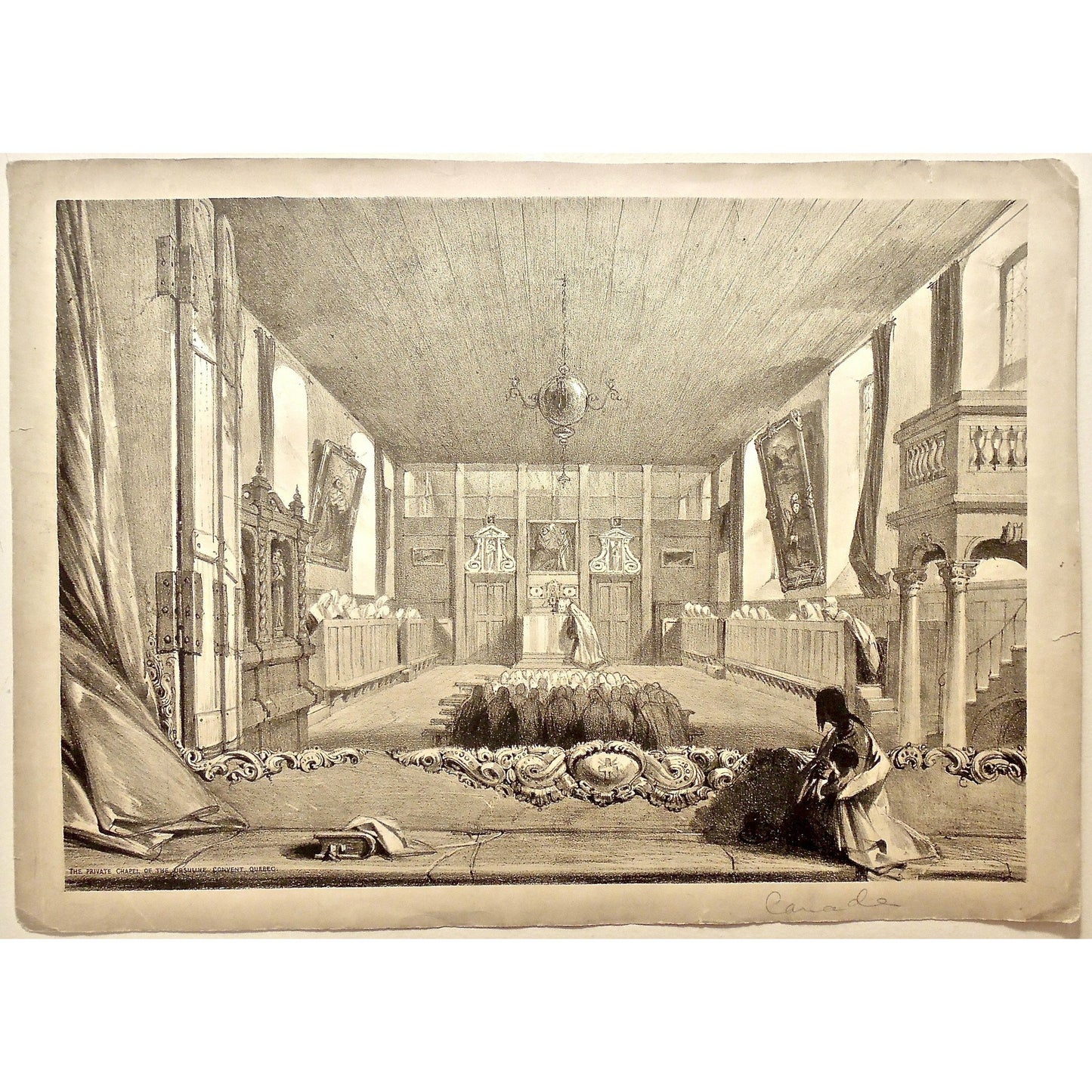 Religious, Religion, Chapel, Private, Private Chapel, Ursuline Convent, Ursuline, Convent, Church, prayer, pray, praying, Worshiping, worship, pews, worshipers, pulpit, cross, Quebec, Smyth, Coke Smyth, Sketches in the Canadas, 1839, London, Lithograph, Antique Print, Antique, Prints, Vintage, Vintage Art, Art, Wall art, Decor, wall decor, design, engraving, copper engraving, original, authentic, Collectors, Collectable, rare books, rare, book, printmaking, print, printers,