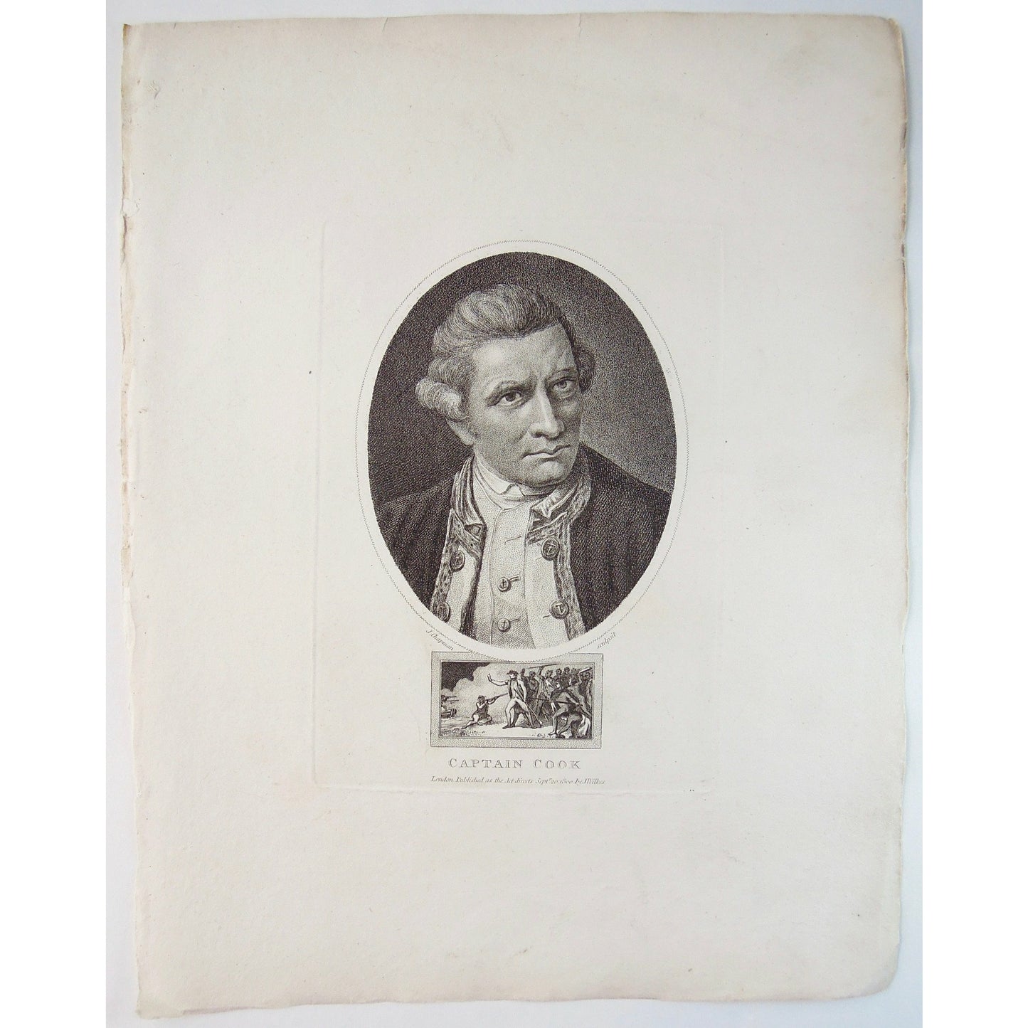 Portraits, Portrait, Portraiture, Captain Cook, Captain, Cook, Guns, Natives, Resistance, Anchor buttons, Royal Navy, Captain James Cook, James Cook, Explorer, Navigator, Cartographer, Hawaii, Hawaiian Islands, Sandwich Islands, Royal Naval Captain, 1778, 1800, London, Chapman, Stipple Engraving, Antique Print, Antique, Print, Antique Portrait, Wilkes, Art, Wall art, Wall art decor, Decor, Home decor, engraving, design, detail,