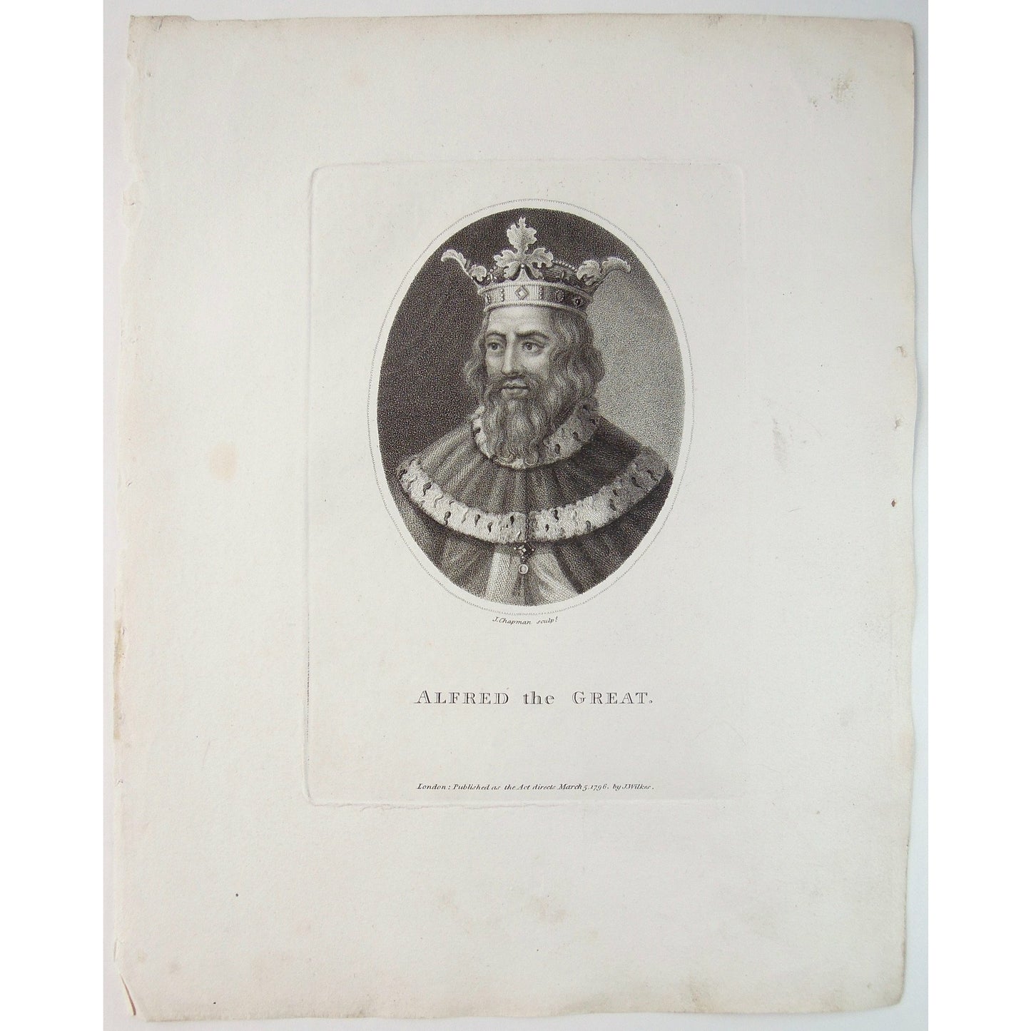Portraits, Portrait, Portraitures, Alfred the Great, Alfred, The Great, Crown, Royal, Royalty, Chapman, John Chapman, Wilkes, Black and White, Stipple Engraving, London, Antique Prints, Prints, 1796, Interior Decor, Home Decor, Wall Art, Interior Design, Art History, Historical Prints, Vintage Prints, Printmaking, Important Figures, History of Art, Engraving, Rare Books, Books, Design, 1700s, Original Prints, Original, Rare, Unique Gifts, Set, Print Sets, For Sale,