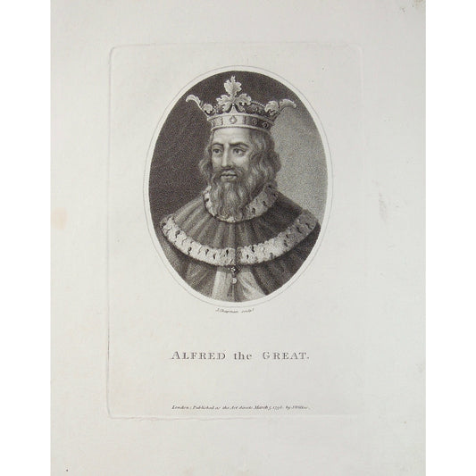 Portraits, Portrait, Portraitures, Alfred the Great, Alfred, The Great, Crown, Royal, Royalty, Chapman, John Chapman, Wilkes, Black and White, Stipple Engraving, London, Antique Prints, Prints, 1796, Interior Decor, Home Decor, Wall Art, Interior Design, Art History, Historical Prints, Vintage Prints, Printmaking, Important Figures, History of Art, Engraving, Rare Books, Books, Design, 1700s, Original Prints, Original, Rare, Unique Gifts, Set, Print Sets, For Sale, 