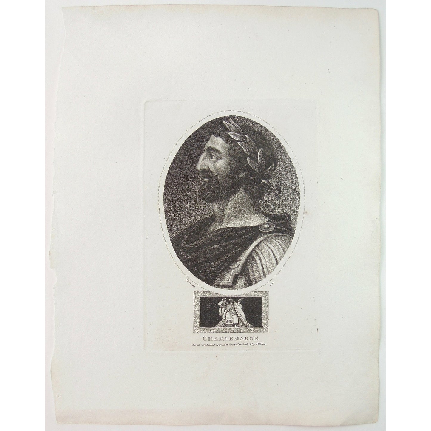 Portraits, Portraiture, Portrait, King, Kings, King of the Franks, Holy Roman Emperor, First Holy Roman Emperor, Charles the 1st, Charles I, Charles the Great, King of Italy, Profile, Royal, Royalty, Floral Crown, Clothing, Dress, Costume, Pope, Coronation, Chapman, John Chapman, Wilkes, London, Stipple Engraving, Black and White, 1805, Historical Figures,