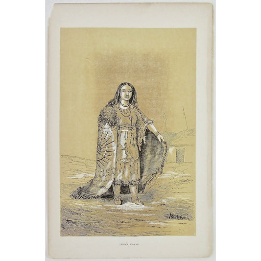 Deserts, North American, North America, Desert, Native, Native-American, Indian, Clothing, Costume, Dress, Feathers, Indian Woman, Woman, Jewelry, Necklace, Cloak, Ornate, Detailed, Coat, huts, Antique Print, Antique, Prints, Art, Vintage, wall art, decor, design, engraving, rare, original, Domenech, Seven Years' Residence, Great Deserts, London, 1860, Joliet, woodcut, Longman, Green, Longman, and Roberts