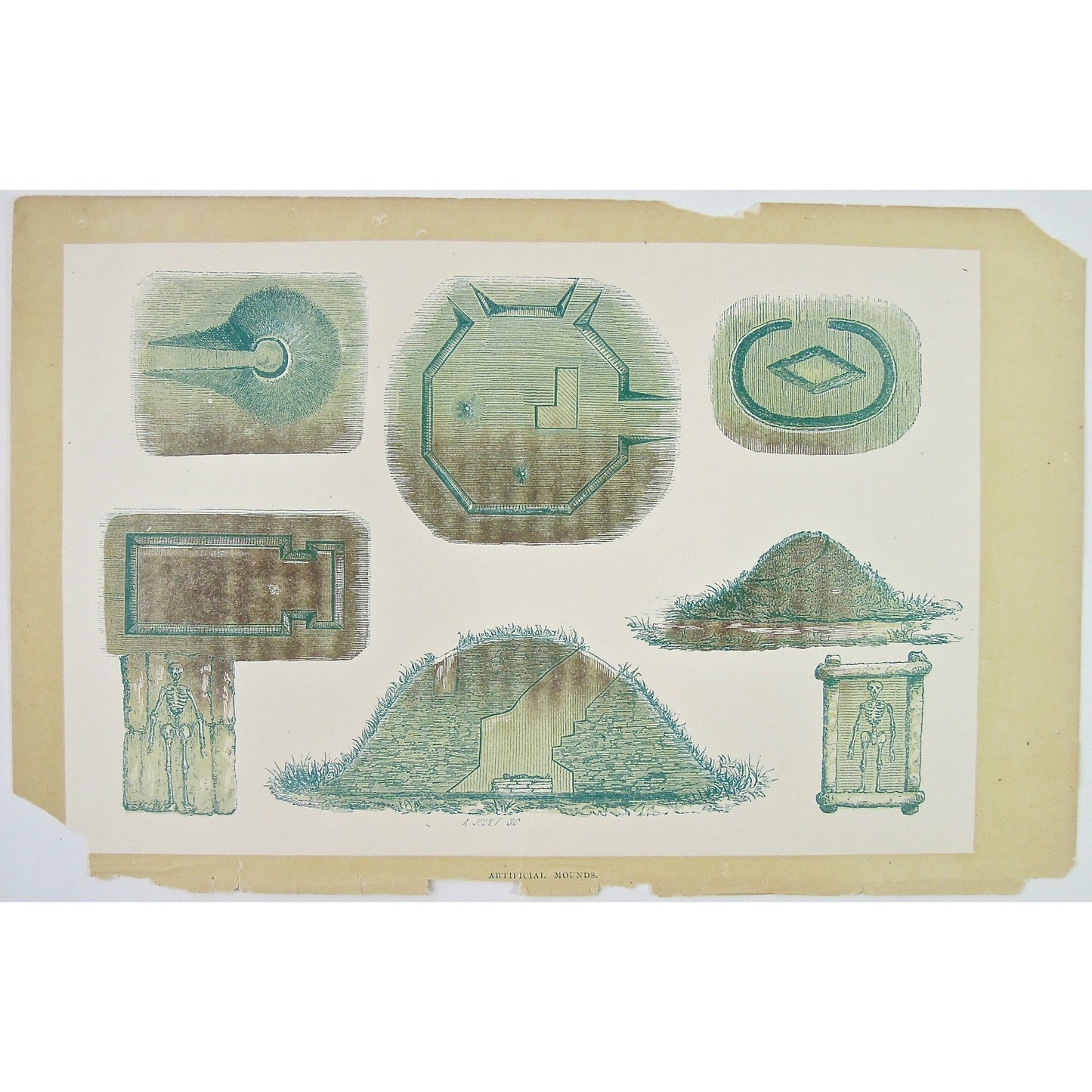 Deserts, North American, North America, Desert, Native, Native-American, Indian, Artificial Mounds, Artificial, Mounds, Designs, skeletons, Tombs, Burial, Burial sites, Antique Print, Antique, Prints, Art, Vintage, wall art, decor, design, engraving, rare, original, Domenech, Seven Years' Residence, Great Deserts, London, 1860, Joliet, woodcut, Longman, Green, Longman, and Roberts