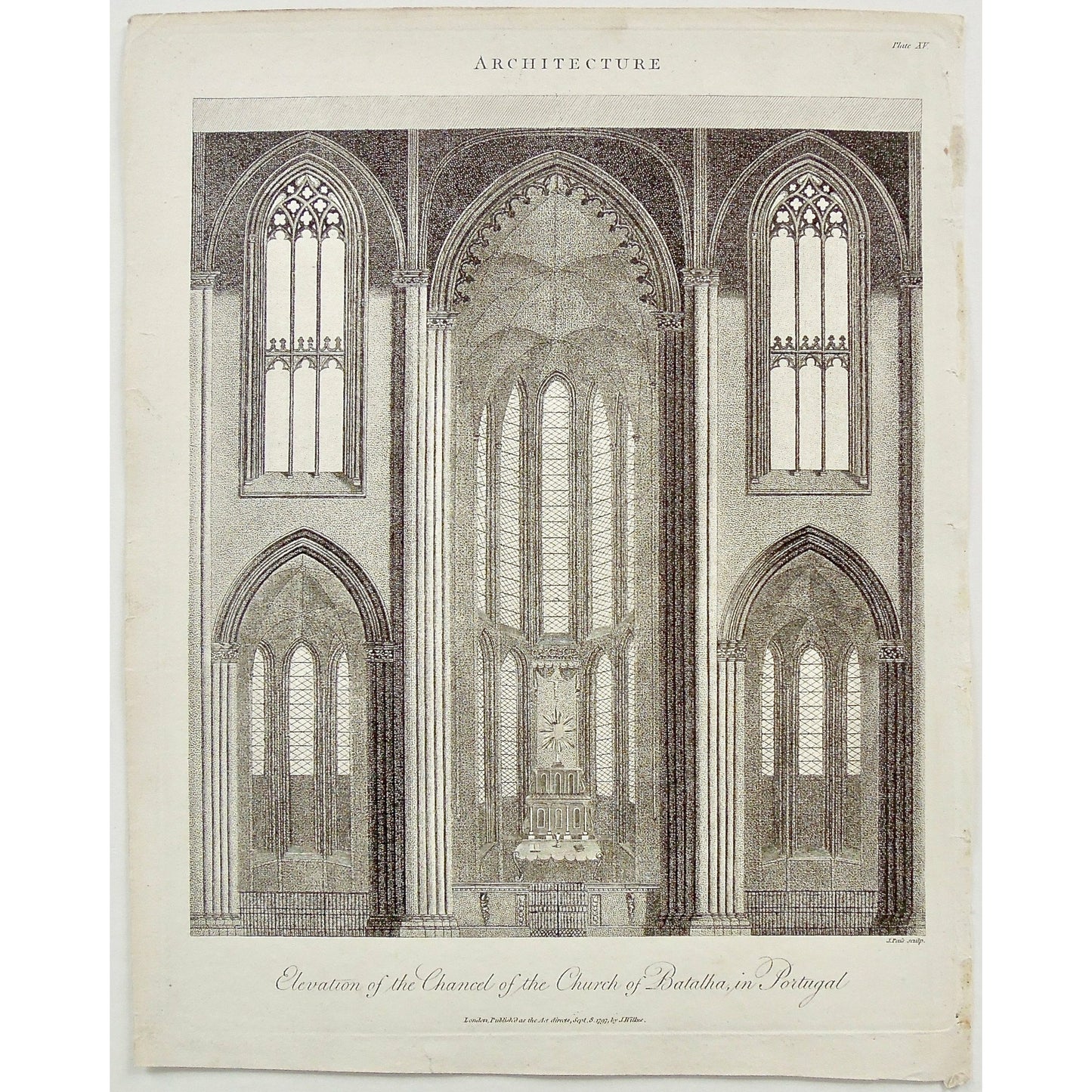 Architecture, Architect, Building, Buildings, Elevation, Chancel, Church, Churches, Church of Batalha, Portugal, Portugese, windows, structure, Wilkes, Adlard, Pass, Antique Print, Antique, Prints, Print, Artwork, Art, Vintage, Wall art, Vintage prints, vintage art, Wall decor, engraving, encyclopedia, Encyclopaedia Londinensis, London, 1797,