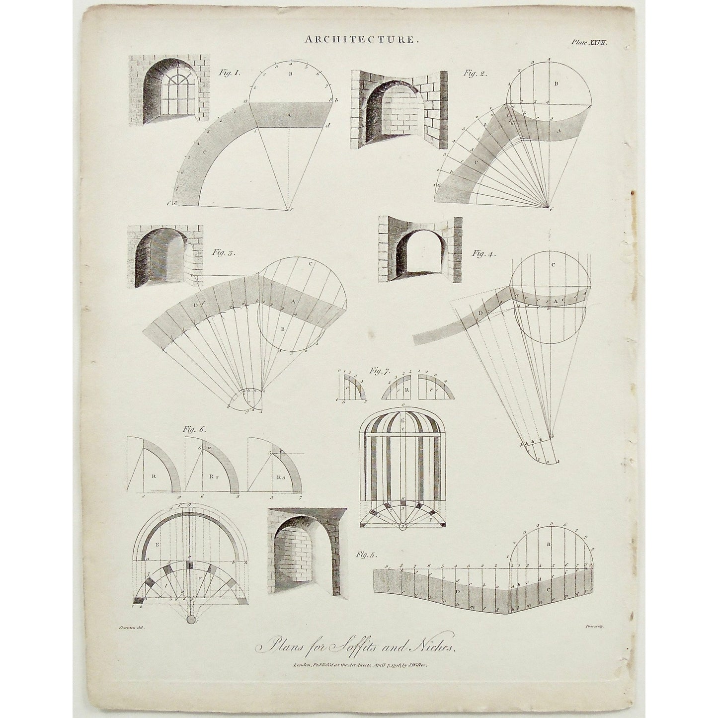 Architecture, Architect, building, buildings, interior, interiors, design, plans, Soffits, Niches, Plans for niches, plans for soffits, nooks, nook, diagram, Antique print, Prints, Antique, vintage, Art, Wall art, decor, Wilkes, Pass, Sheraton, Adlard, Encyclopaedia Londinensis, London, 1798,