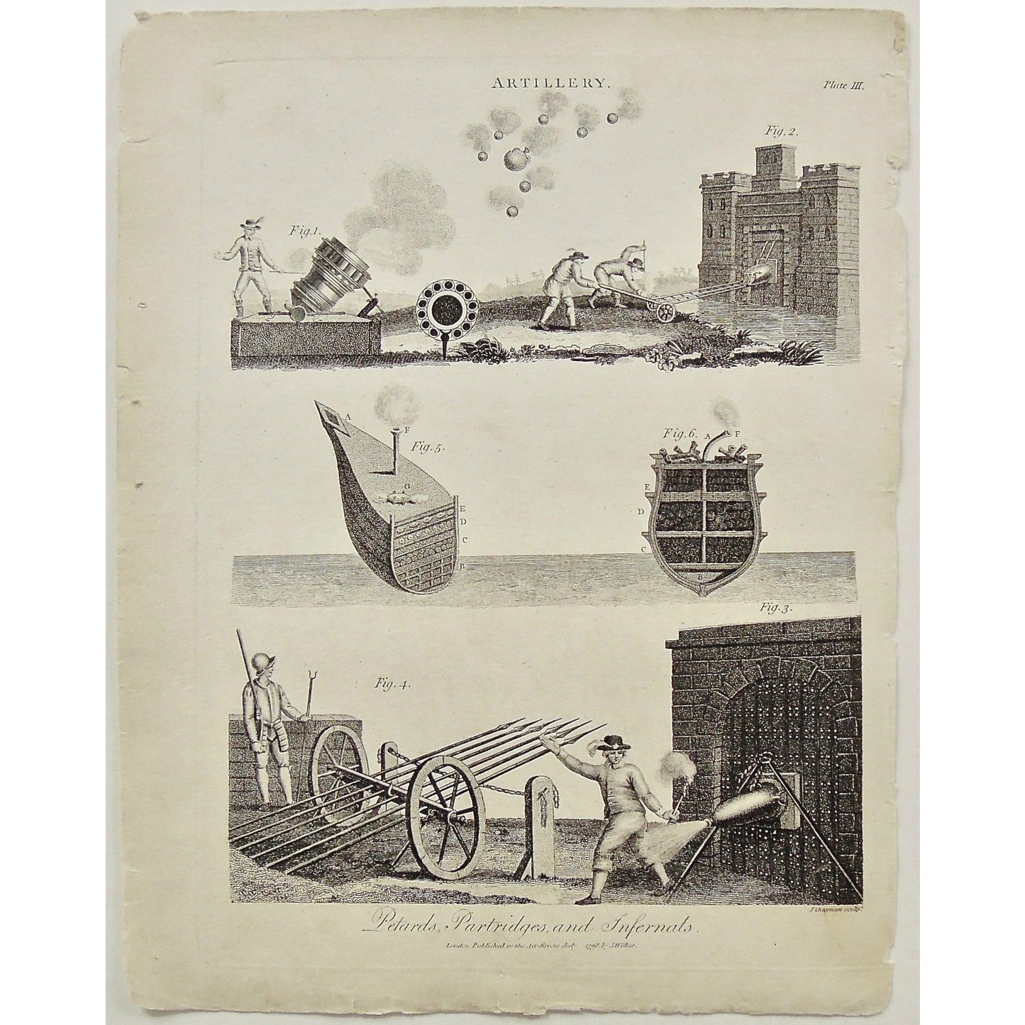 Artillery, Weapons, Weaponry, cannon, cannons, war, wars, fighting, soldiers, Petards, Partridges, Infernals, Antique Print, Antique, Prints, Vintage, Art, Artwork, decor, Wall decor, engraving, Encyclopedia, Dictionary, London, Universal Dictionary of the Arts, Encyclopaedia Londinensis, Wilkes, Adlard, Chapman, 1798,