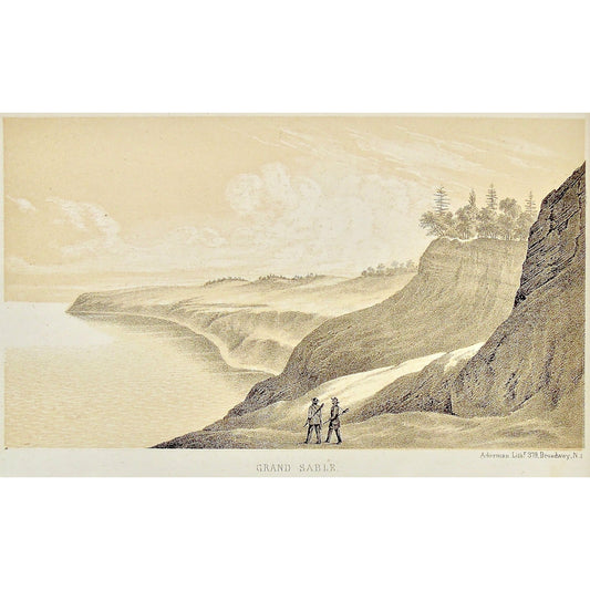 Grand Sable, Men, Rifles, Guns, Views, Lake view, Landscape, Lake Superior, Lake, Superior, National Lakeshore, Lakeshore, Michigan, MI, Ackerman, 379 Broadway, Foster, Whitney, House of Representatives, House of Reps., Report, Geology, Topography, Land District, State of Michigan, Part II, The Iron Region, General Geology, Washington D.C., Washington, DC, D.C., 1851, lithograph, two-toned, Antique Print, Antique, Prints, Vintage, Art, Wall art, Decor, wall decor, design, engraving, original, authentic, 