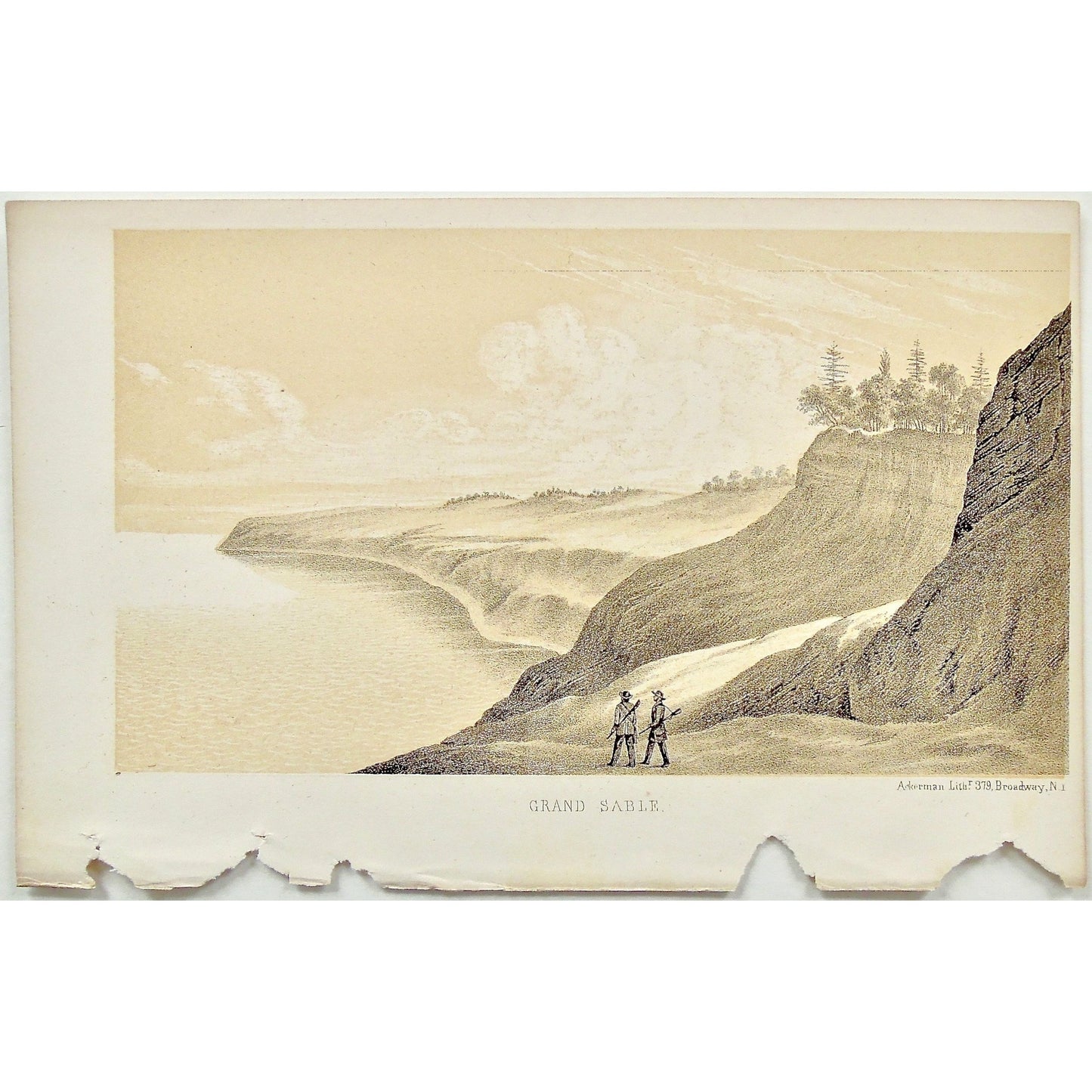 Grand Sable, Men, Rifles, Guns, Views, Lake view, Landscape, Lake Superior, Lake, Superior, National Lakeshore, Lakeshore, Michigan, MI, Ackerman, 379 Broadway, Foster, Whitney, House of Representatives, House of Reps., Report, Geology, Topography, Land District, State of Michigan, Part II, The Iron Region, General Geology, Washington D.C., Washington, DC, D.C., 1851, lithograph, two-toned, Antique Print, Antique, Prints, Vintage, Art, Wall art, Decor, wall decor, design, engraving, original, authentic,