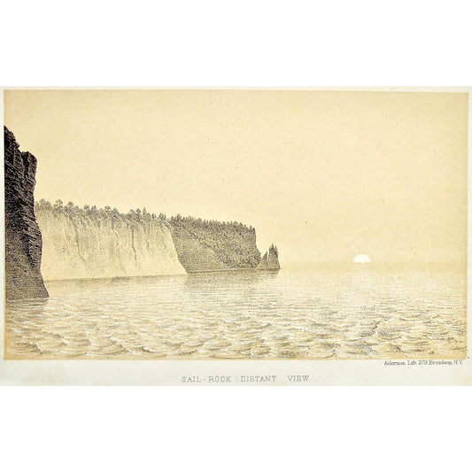 ail Rock, Sail, Rock, Sailboat, Horizon, Sunset, Distant View, Distant, Pictured Rocks, Lake View, View, Cliffs, Landscape, Lake Superior, Lake, Superior, National Lakeshore, Lakeshore, Michigan, MI, Ackerman, 379 Broadway, Foster, Whitney, House of Representatives, House of Reps., Report, Geology, Topography, Land District, State of Michigan, Part II, The Iron Region, General Geology, Washington D.C., Washington, DC, D.C., 1851, lithograph, two-toned, Antique Print, Antique, Prints, Vintage, Art, Wall art,