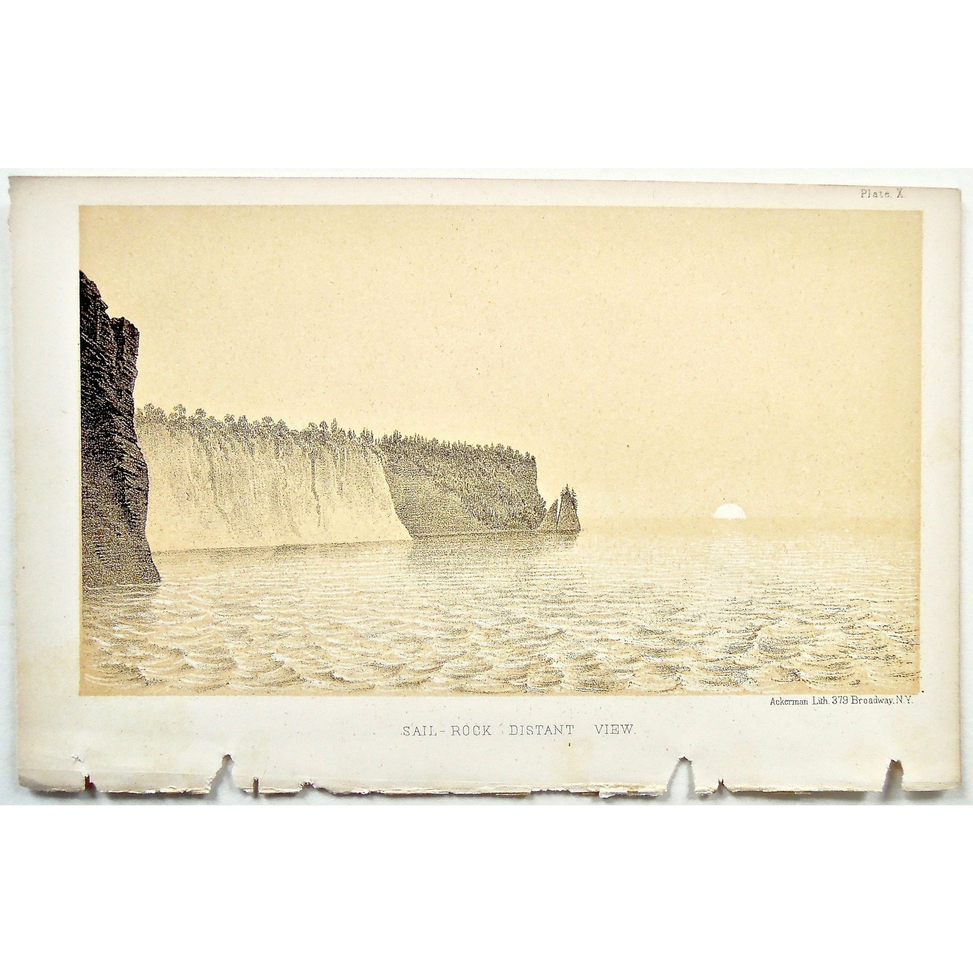 ail Rock, Sail, Rock, Sailboat, Horizon, Sunset, Distant View, Distant, Pictured Rocks, Lake View, View, Cliffs, Landscape, Lake Superior, Lake, Superior, National Lakeshore, Lakeshore, Michigan, MI, Ackerman, 379 Broadway, Foster, Whitney, House of Representatives, House of Reps., Report, Geology, Topography, Land District, State of Michigan, Part II, The Iron Region, General Geology, Washington D.C., Washington, DC, D.C., 1851, lithograph, two-toned, Antique Print, Antique, Prints, Vintage, Art, Wall art,