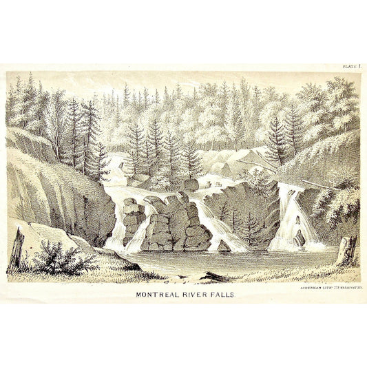 Montreal River Falls, Montreal River, Montreal, River, Falls, View, Waterfall, falls, Rocks, Rock formations, Landscape, Lake Superior, Lake, Superior, National Lakeshore, Lakeshore, Michigan, MI, Ackerman, 379 Broadway, Foster, Whitney, House of Representatives, House of Reps., Report, Geology, Topography, Land District, State of Michigan, Part I, Copper Lands, General Geology, Washington D.C., Washington, DC, D.C., 185o, lithograph, two-toned, Antique Print, Antique, Prints, Vintage, Art, Wall art, Decor,