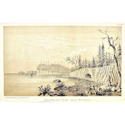 Columnar Trap, Isle Royale, Columnar, Trap, Isle, Royale, Alcove, Coast, Rocks, Rock formations, View, Landscape, Lake Superior, Lake, Superior, National Lakeshore, Lakeshore, Michigan, MI, Ackerman, 379 Broadway, Foster, Whitney, House of Representatives, House of Reps., Report, Geology, Topography, Land District, State of Michigan, Part I, Copper Lands, General Geology, Washington D.C., Washington, DC, D.C., 185o, lithograph, two-toned, Antique Print, Antique, Prints, Vintage, Art, Wall art, Decor, wall d