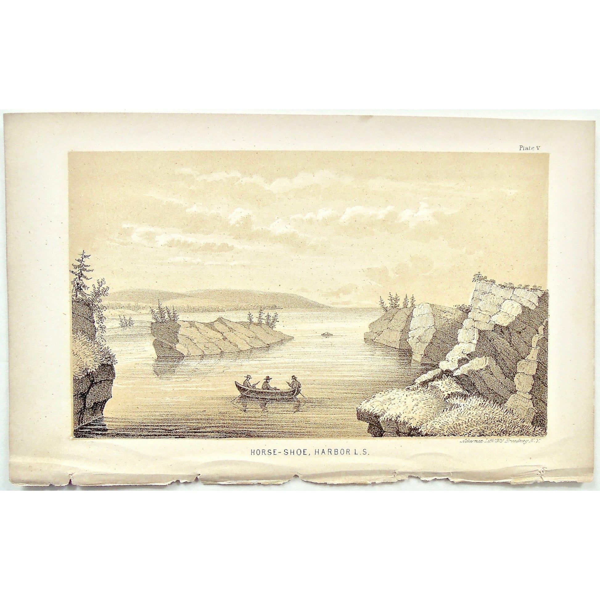 Horse-Shoe, Horseshoe, Harbor, Harbour, Horse-Shoe Harbor, View, rowing, rowboat, rocks, rock formations, L.S., Landscape, Lake Superior, Lake, Superior, National Lakeshore, Lakeshore, Michigan, MI, Ackerman, 379 Broadway, Foster, Whitney, House of Representatives, House of Reps., Report, Geology, Topography, Land District, State of Michigan, Part I, Copper Lands, General Geology, Washington D.C., Washington, DC, D.C., 185o, lithograph, two-toned, Antique Print, Antique, Prints, Vintage, Art, Wall art, Deco