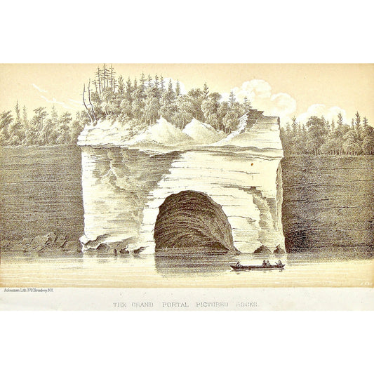 Grand Portal, Grand, Portal, Alcove, View, Rock, Rock formation, rowing, rowboat, Pictured Rocks, Cliff, Landscape, Lake Superior, Lake, Superior, National Lakeshore, Lakeshore, Michigan, MI, Ackerman, 379 Broadway, Foster, Whitney, House of Representatives, House of Reps., Report, Geology, Topography, Land District, State of Michigan, Part II, The Iron Region, General Geology, Washington D.C., Washington, DC, D.C., 1851, lithograph, two-toned, Antique Print, Antique, Prints, Vintage, Art, Wall art, Decor, 