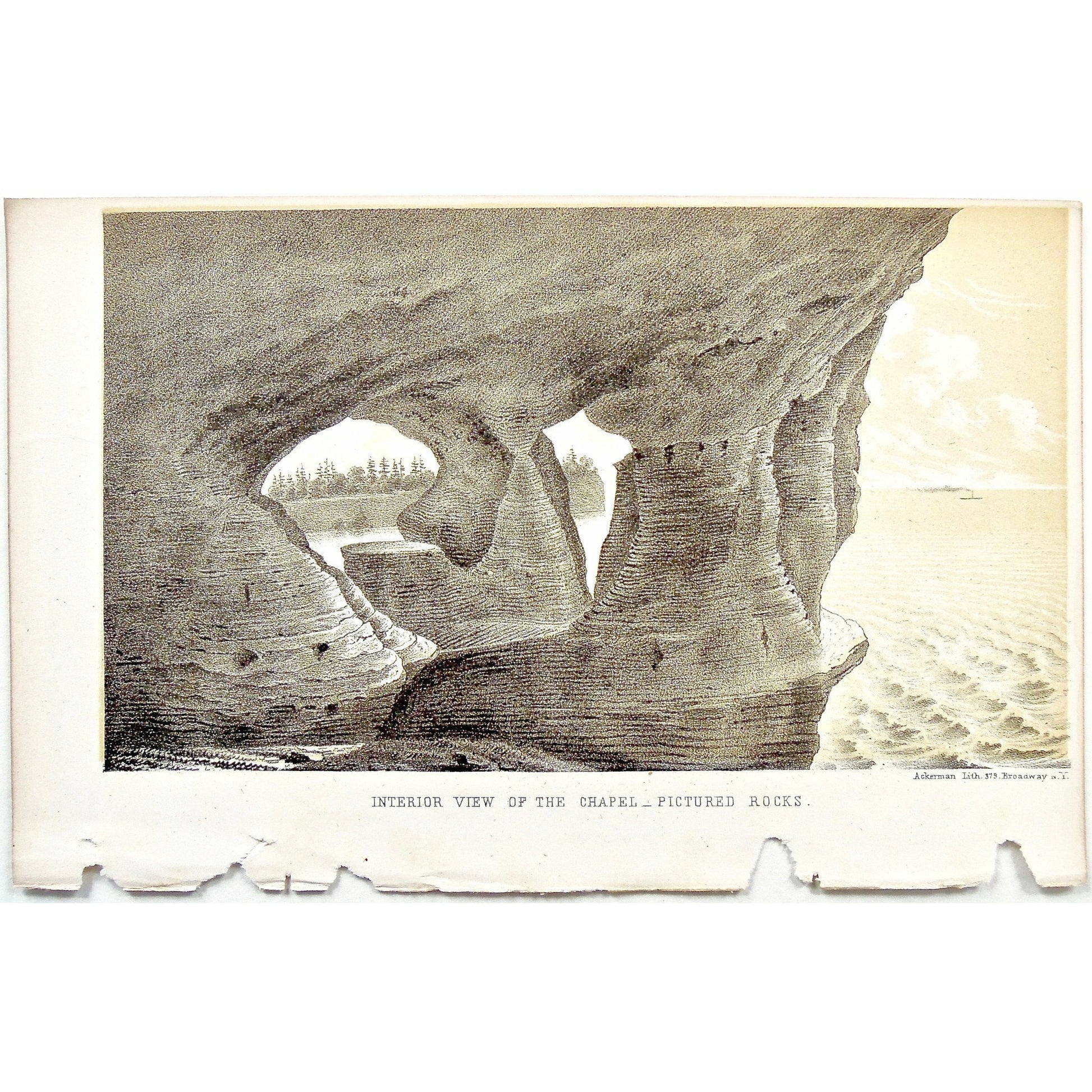 Interior View of the Chapel, Interior View, Chapel, Rocks, Rock Formations, Pictured Rocks, Cliff, View, Erosion, Landscape, Lake Superior, Lake, Superior, National Lakeshore, Lakeshore, Michigan, MI, Ackerman, 379 Broadway, Foster, Whitney, House of Representatives, House of Reps., Report, Geology, Topography, Land District, State of Michigan, Part II, The Iron Region, General Geology, Washington D.C., Washington, DC, D.C., 1851, lithograph, two-toned, Antique Print, Antique, Prints, Vintage, Art, Wall art