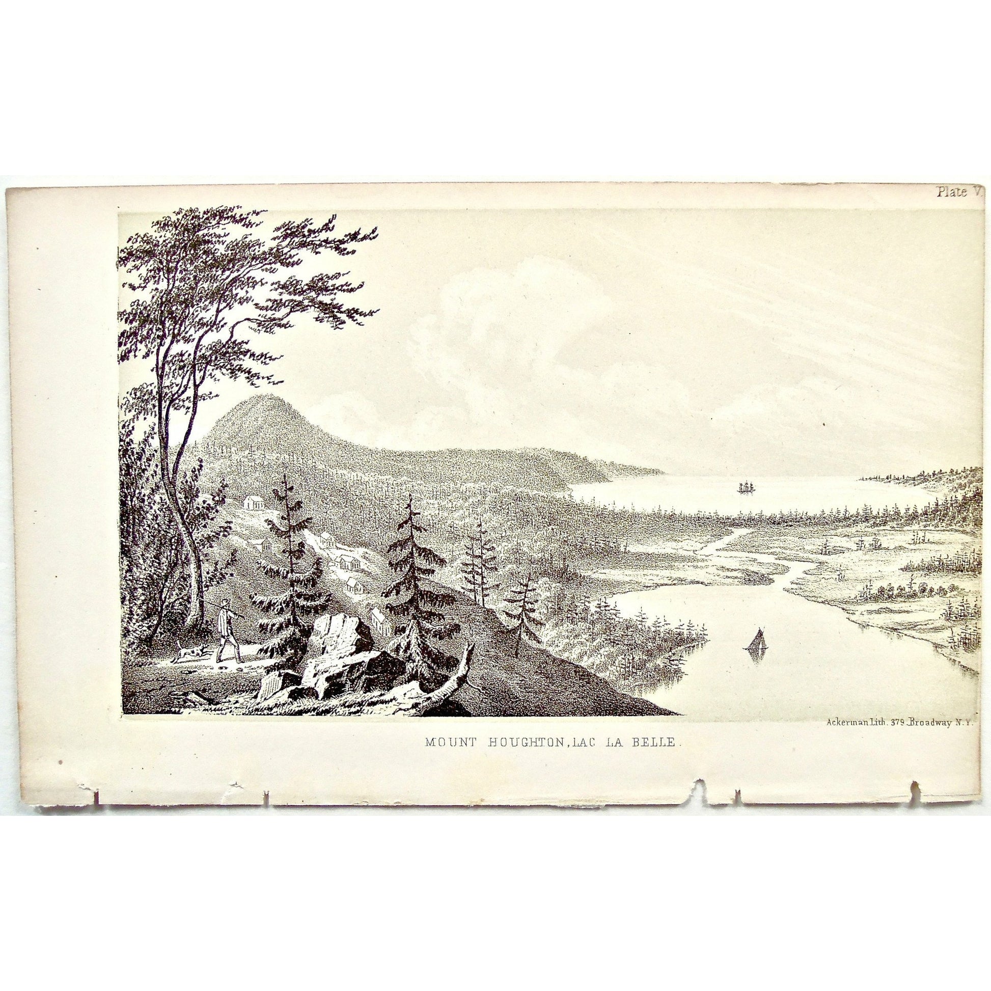 Mount Houghton, Lac La Belle, Mount, Houghton, Lac, La Belle, View, fishing, distant view, Landscape, Lake Superior, Lake, Superior, National Lakeshore, Lakeshore, Michigan, MI, Ackerman, 379 Broadway, Foster, Whitney, House of Representatives, House of Reps., Report, Geology, Topography, Land District, State of Michigan, Part II, The Iron Region, General Geology, Washington D.C., Washington, DC, D.C., 1851, lithograph, two-toned, Antique Print, Antique, Prints, Vintage, Art, Wall art, Decor, wall decor, de