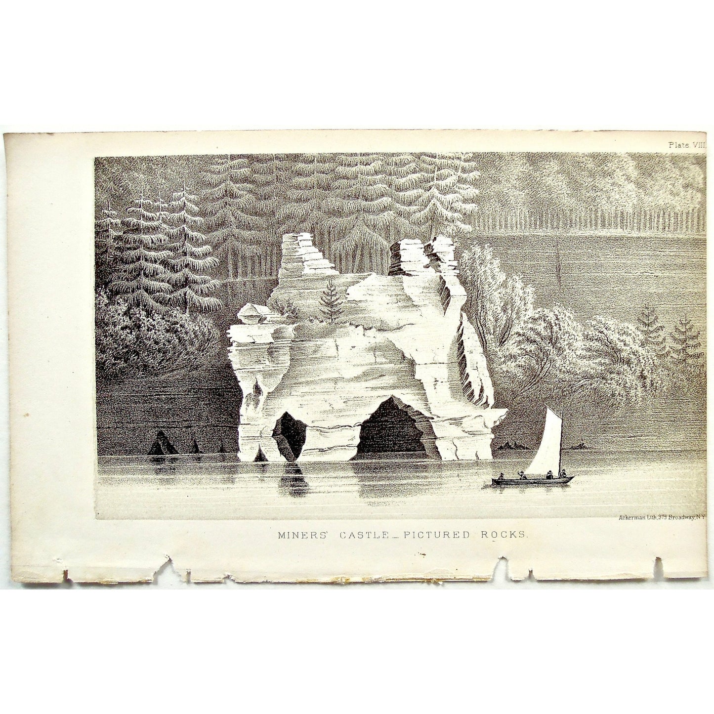 Miners' Castle, Rocks, Rock formation, Cliff, sailing, sailboat, view, from the water, Pictured rocks, Landscape, Lake Superior, Lake, Superior, National Lakeshore, Lakeshore, Michigan, MI, Ackerman, 379 Broadway, Foster, Whitney, House of Representatives, House of Reps., Report, Geology, Topography, Land District, State of Michigan, Part II, The Iron Region, General Geology, Washington D.C., Washington, DC, D.C., 1851, lithograph, two-toned, Antique Print, Antique, Prints, Vintage, Art, Wall art, Decor, wa