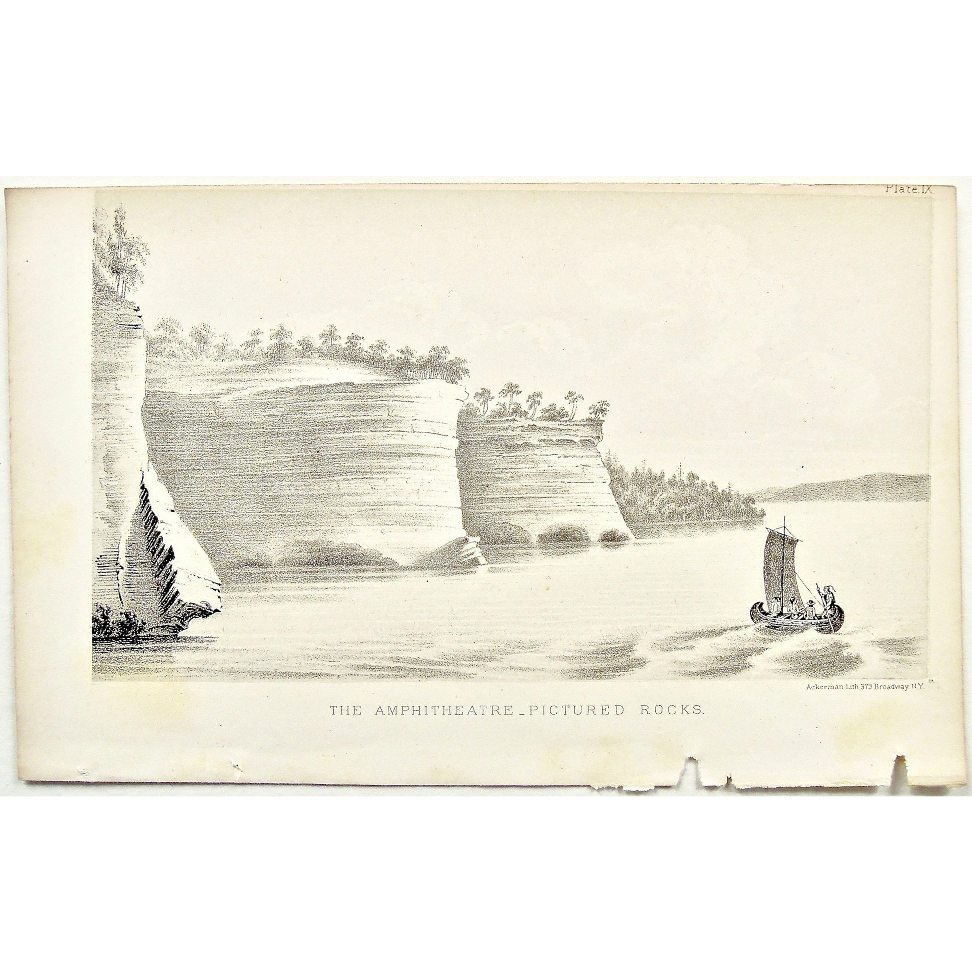 Amphitheater, Rocks, Rock formation, Pictured Rocks, Cliff, View, from the water, sail, Sailing, sailboat, Landscape, Lake Superior, Lake, Superior, National Lakeshore, Lakeshore, Michigan, MI, Ackerman, 379 Broadway, Foster, Whitney, House of Representatives, House of Reps., Report, Geology, Topography, Land District, State of Michigan, Part II, The Iron Region, General Geology, Washington D.C., Washington, DC, D.C., 1851, lithograph, two-toned, Antique Print, Antique, Prints, Vintage, Art, Wall art, Decor