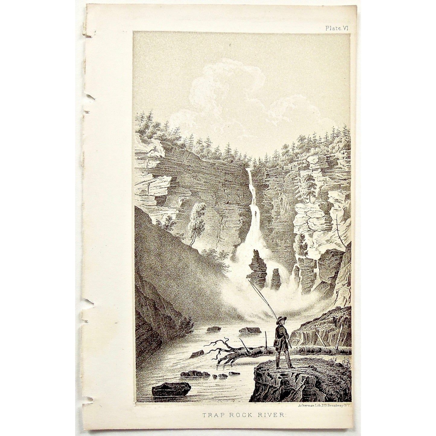 Trap Rock River, Trap Rock, River, fishing, falls, waterfall, view, Torch Lake, Keweenaw, Houghton, Landscape, Lake Superior, Lake, Superior, National Lakeshore, Lakeshore, Michigan, MI, Ackerman, 379 Broadway, Foster, Whitney, House of Representatives, House of Reps., Report, Geology, Topography, Land District, State of Michigan, Part II, The Iron Region, General Geology, Washington D.C., Washington, DC, D.C., 1851, lithograph, two-toned, Antique Print, Antique, Prints, Vintage, Art, Wall art, Decor, wall