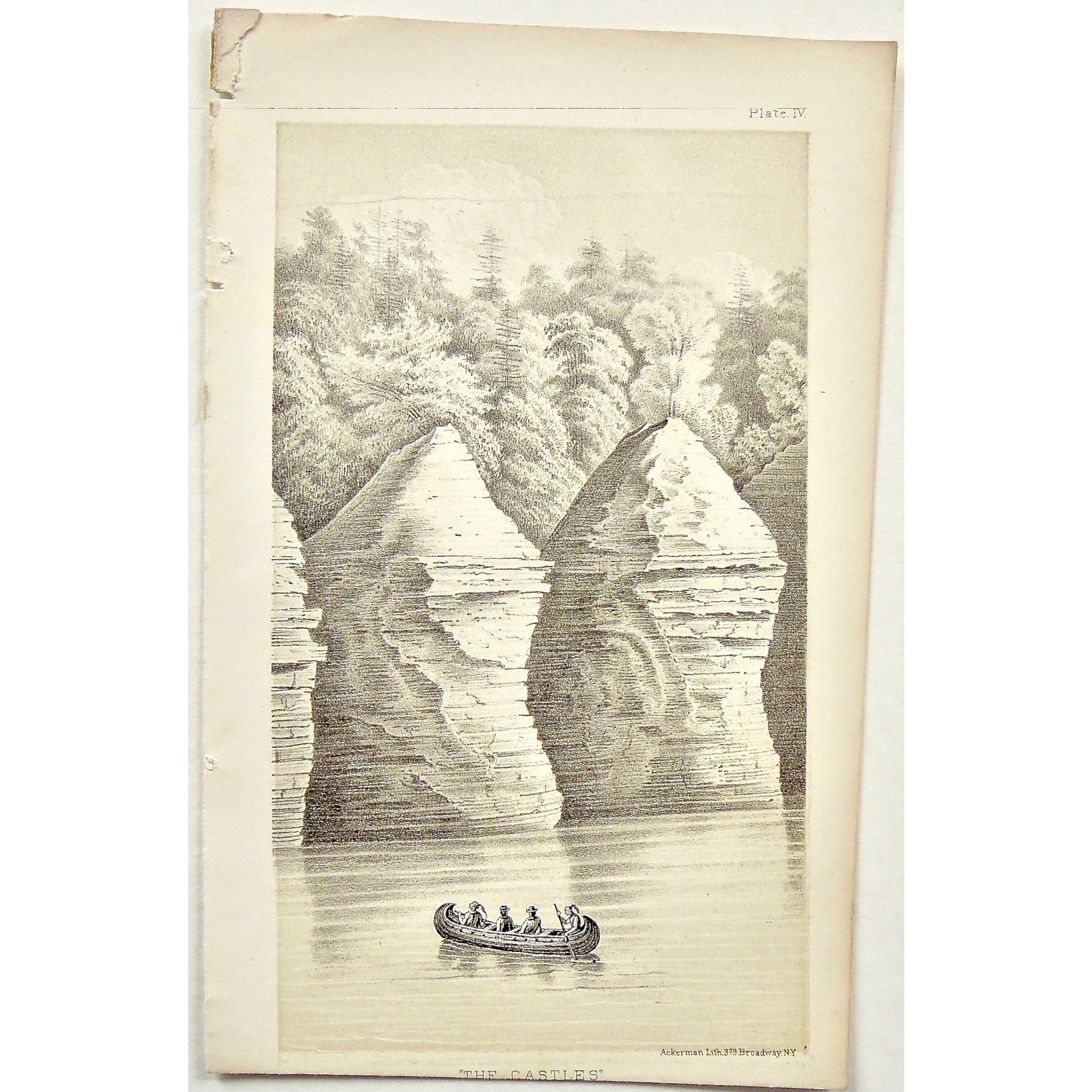 The castles, Castles, rocks, rock formation, rowing, row boat, boat, view, from the water, Landscape, Lake Superior, Lake, Superior, National Lakeshore, Lakeshore, Michigan, MI, Ackerman, 379 Broadway, Foster, Whitney, House of Representatives, House of Reps., Report, Geology, Topography, Land District, State of Michigan, Part II, The Iron Region, General Geology, Washington D.C., Washington, DC, D.C., 1851, lithograph, two-toned, Antique Print, Antique, Prints, Vintage, Art, Wall art, Decor, wall decor, de