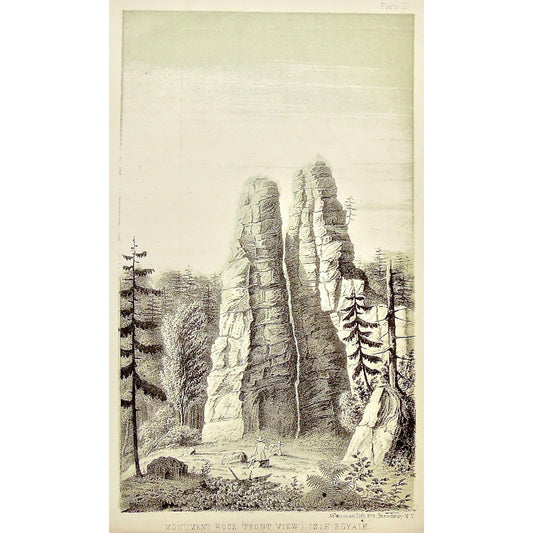 Monument Rock, Front View, Front, view, Isle Royale, Isle, Royale, Monument, Rock, rock formation, lounging, relaxing, admiring, Landscape, Lake Superior, Lake, Superior, National Lakeshore, Lakeshore, Michigan, MI, Ackerman, 379 Broadway, Foster, Whitney, House of Representatives, House of Reps., Report, Geology, Topography, Land District, State of Michigan, Part II, The Iron Region, General Geology, Washington D.C., Washington, DC, D.C., 1851, lithograph, two-toned, Antique Print, Antique, Prints, Vintage