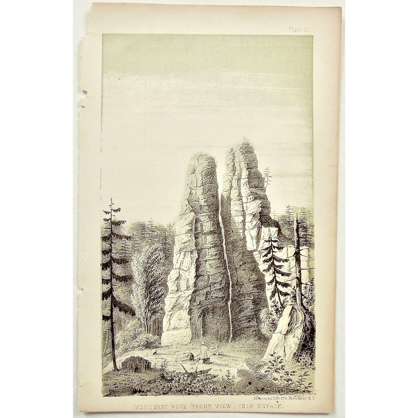 Monument Rock, Front View, Front, view, Isle Royale, Isle, Royale, Monument, Rock, rock formation, lounging, relaxing, admiring, Landscape, Lake Superior, Lake, Superior, National Lakeshore, Lakeshore, Michigan, MI, Ackerman, 379 Broadway, Foster, Whitney, House of Representatives, House of Reps., Report, Geology, Topography, Land District, State of Michigan, Part II, The Iron Region, General Geology, Washington D.C., Washington, DC, D.C., 1851, lithograph, two-toned, Antique Print, Antique, Prints, Vintage
