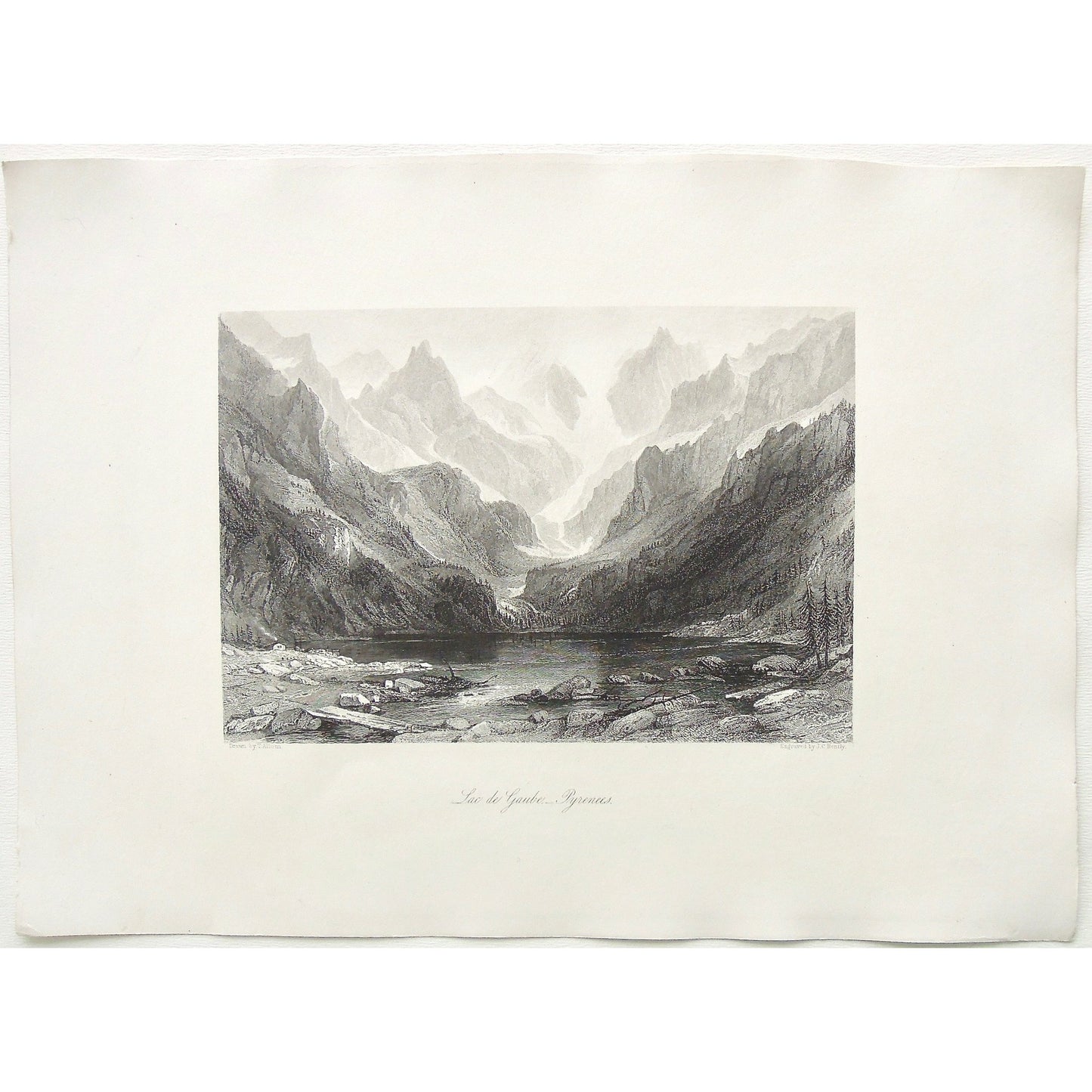 lac, lake, Pyrenees, Pyrenees Mountains, mountains, mountain range, valley, lakes, lac de Gaube, Gaube, France, Allom, Thomas Allom, T. Allom, Bently, J. C. Bently, Steel engraving, Europe Illustrated, London Printing and Publishing Company, London, 1876-79, 1876, 1879, Antique Print, Antique, Prints, Vintage, Vintage Art, Vintage Prints, Art, Wall art, Decor, wall decor, design, engraving, original, authentic, Collectors, Collectable, rare books, rare, book, printmaking, print, printers, Sherer, John Shere