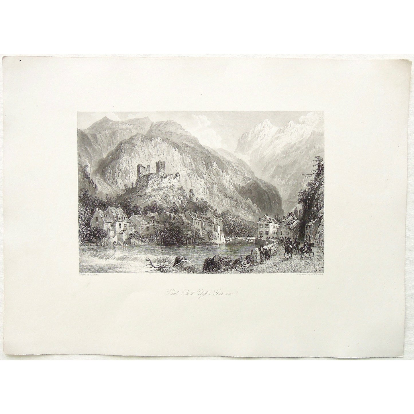 Town, Village, Saint Beat, Upper Garenne, Soldiers, Cavalry, Army, horseback, houses, homes, on the water, bridge, Limestone mountains, mountains, France, Saint Béat, 12th century castle, Haute Garonne, Southwestern France, Allom, Thomas Allom, T. Allom, Willmore, A. Willmore, Steel engraving, Europe Illustrated, London Printing and Publishing Company, London, 1876-79, 1876, 1879, Sherer, John Sherer, Antique Print, Antique, Prints, Vintage, Vintage Art, Vintage Prints, Art, Wall art, Decor, wall decor, de