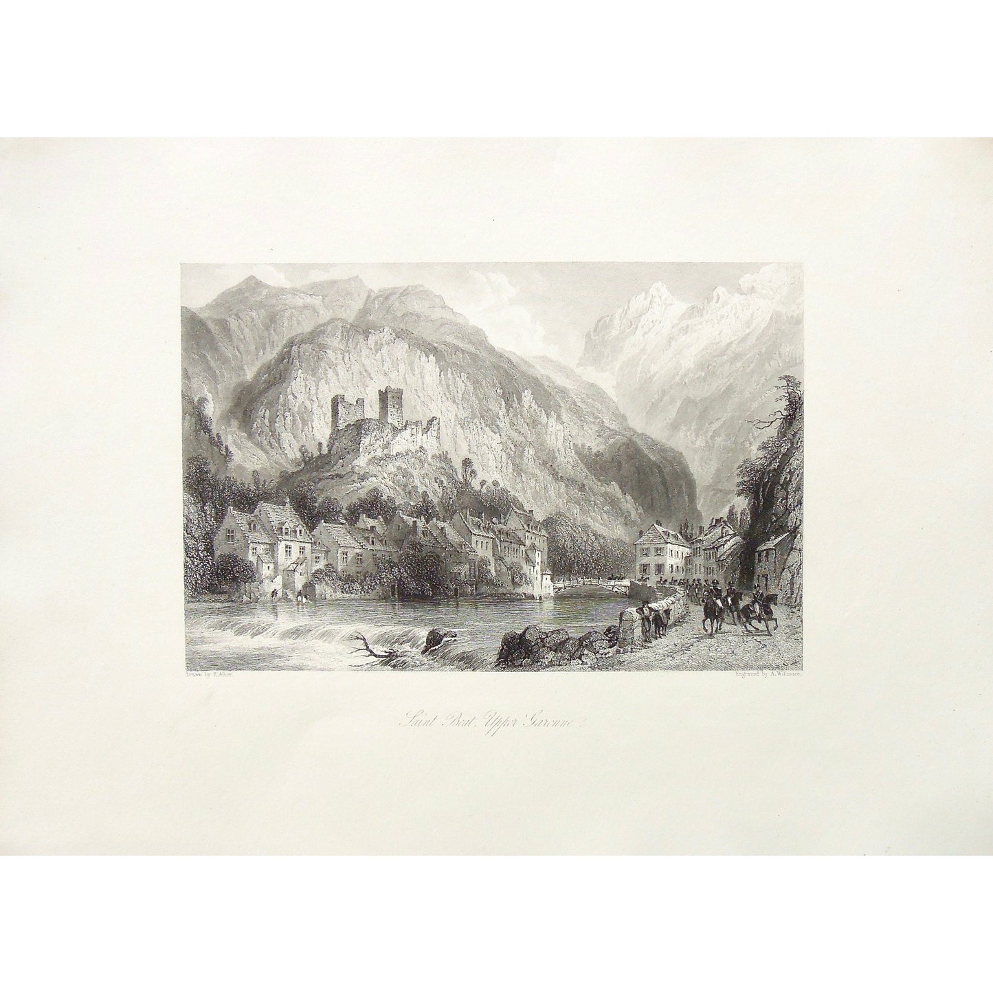Town, Village, Saint Beat, Upper Garenne, Soldiers, Cavalry, Army, horseback, houses, homes, on the water, bridge, Limestone mountains, mountains, France, Saint Béat, 12th century castle, Haute Garonne, Southwestern France, Allom, Thomas Allom, T. Allom, Willmore, A. Willmore, Steel engraving, Europe Illustrated, London Printing and Publishing Company, London, 1876-79, 1876, 1879, Sherer, John Sherer, Antique Print, Antique, Prints, Vintage, Vintage Art, Vintage Prints, Art, Wall art, Decor, wall decor, de