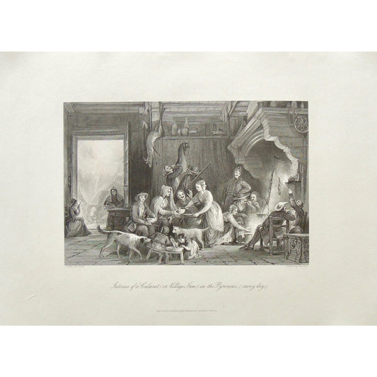 Interior of a Cabaret, Interior, Cabaret, Village Inn, Pyrenees, rainy day, gathering, eating, serving, children, by the fire, hearth, dogs, fireplace, hanging meat, soup, Allom, Thomas Allom, T. Allom, Fox, August Fox, Steel engraving, Europe Illustrated, London Printing and Publishing Company, London, 1876-79, 1876, 1879, Sherer, John Sherer, Antique Print, Antique, Prints, Vintage, Vintage Art, Vintage Prints, Art, Wall art, Decor, wall decor, design, engraving, original, authentic, Collectors, Collectab
