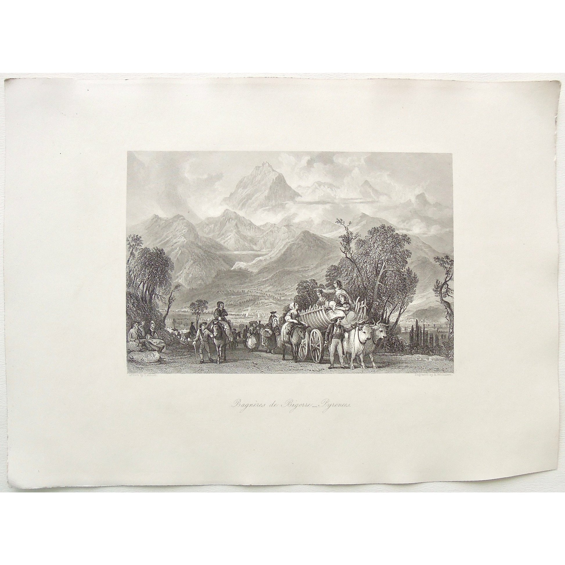 Bagnères de Bigorre, Bagnères, Bigorre, Pyrenees, Hautes-Pyrénées, France, Occitanie, Southwestern France, Ox and Carriage, Ox drawn carriage, Horses, Horseback riding, riding, road, travellers, Mountains, Mountain Range, Pyrenees Mountains, convoy, Allom, Thomas Allom, T. Allom, A. Willmore, Willmore, Steel engraving, Europe Illustrated, London Printing and Publishing Company, London, 1876-79, 1876, 1879, Sherer, John Sherer, Antique Print, Antique, Prints, Vintage, Vintage Art, Vintage Prints, Art, Wa